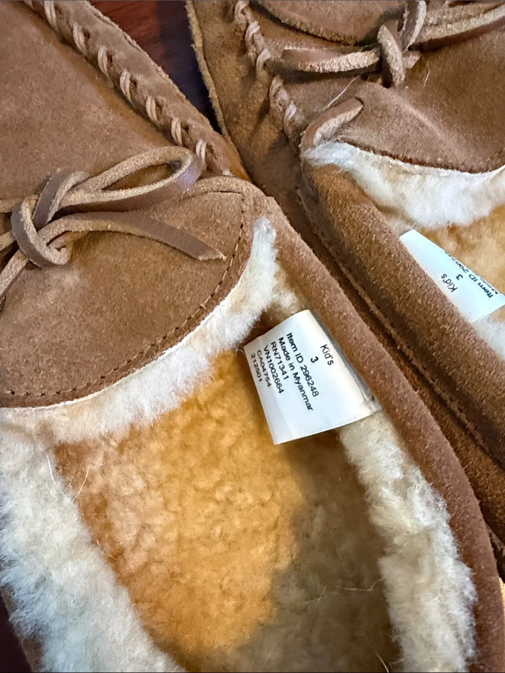 Kid’s LL Bean Suede Moccasin Slippers in Chestnut Brown with Shearling Lining